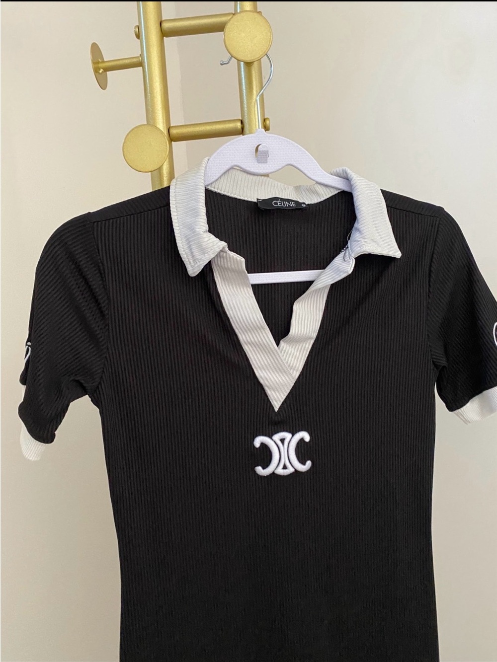 Black Polo-Style Short Sleeve Dress with White Trim - Picture 3 of 4